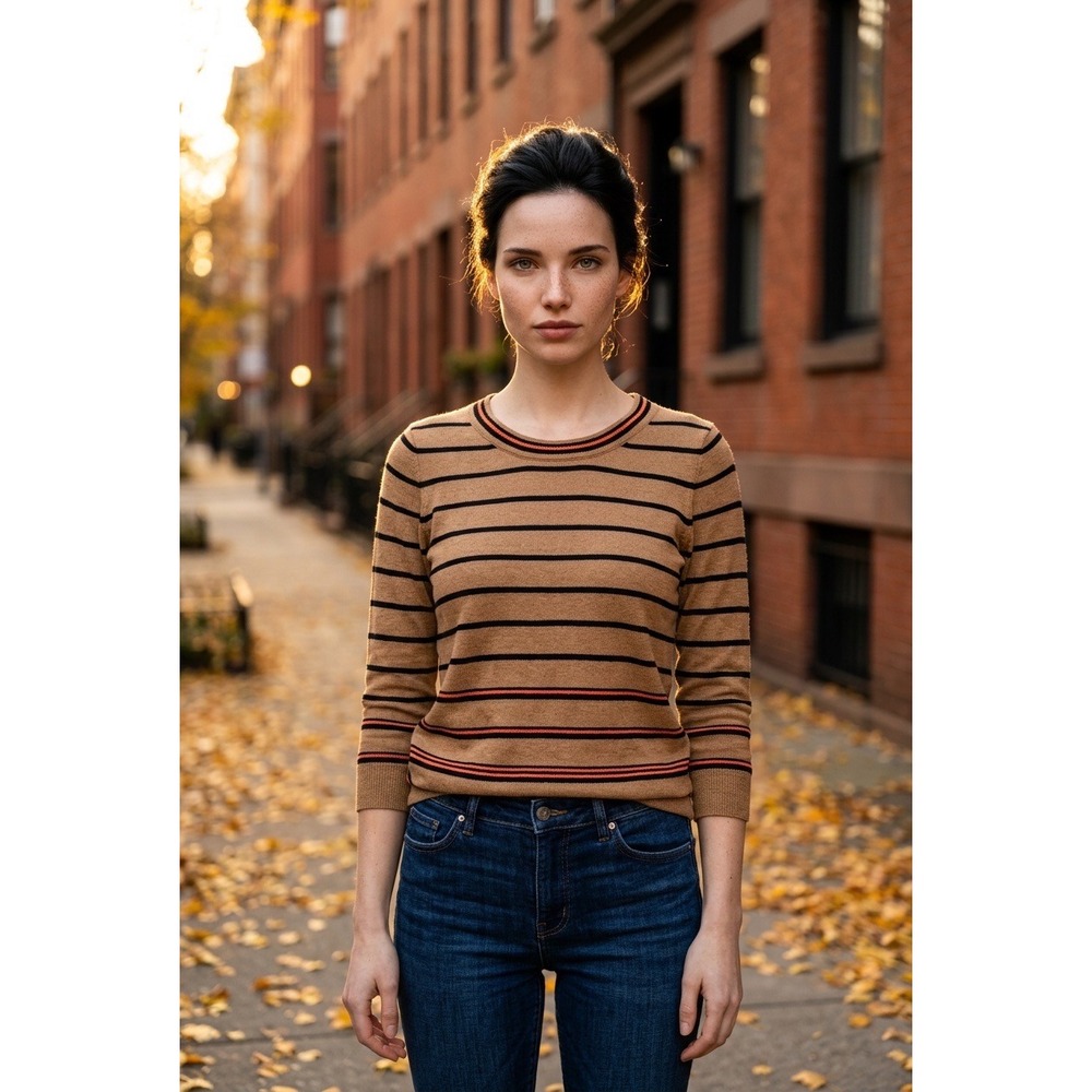 J.Crew Womens Merino Wool‎ Striped Crew Neck Sweater Brown Blue Stripe 32914 S
